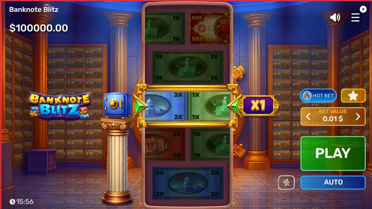 Interface do jogo Banknote Blitz com tema de cofre de banco