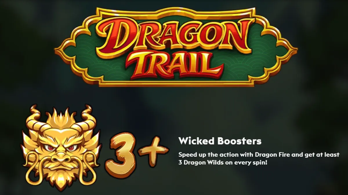 Interface do jogo de slot Dragon Trail com dragões e símbolos dourados
